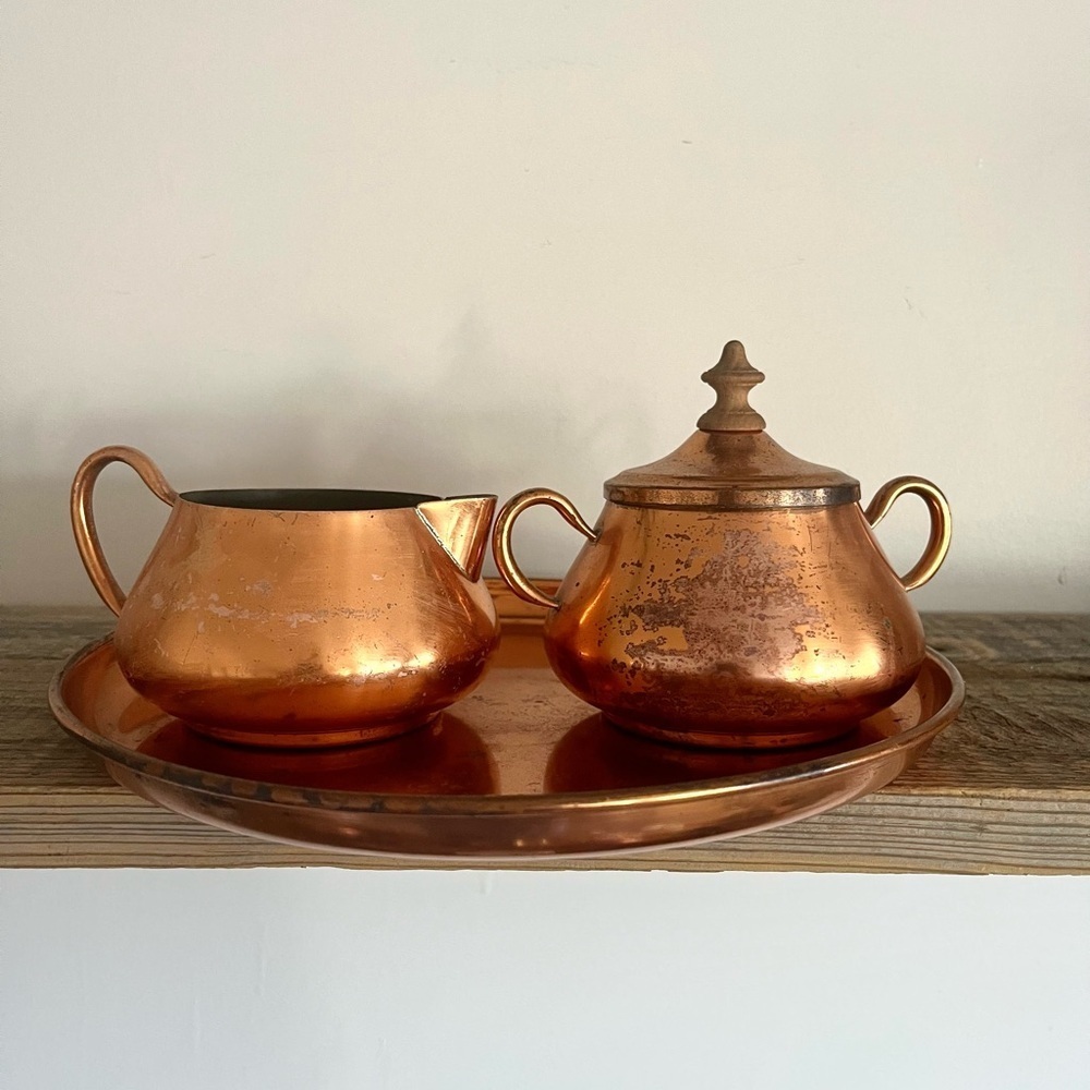 Copper Cream and Sugar Set with Tray